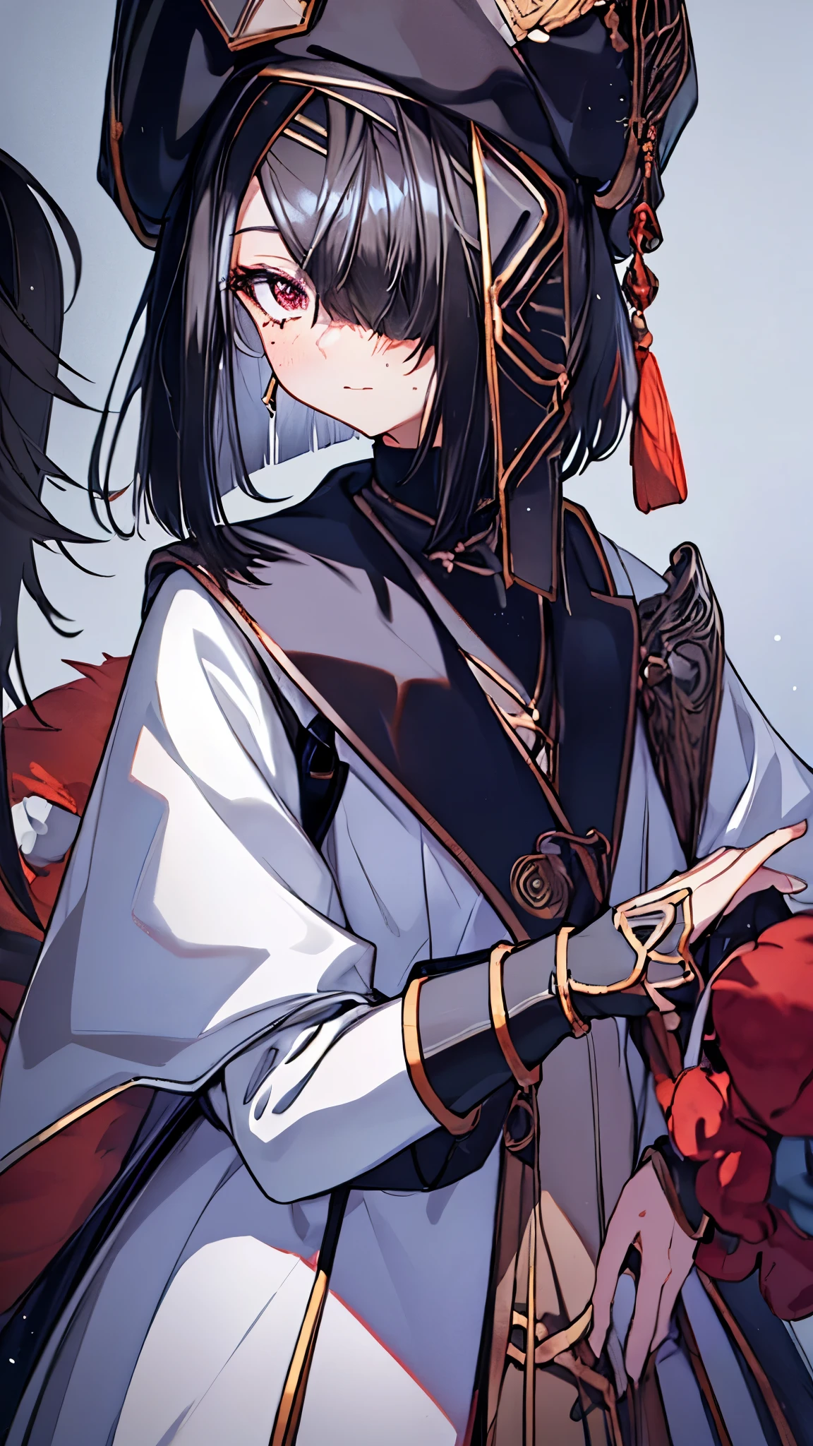 Xu Fu,black_hair, hair_over_one_eye, mole, mole_under_eye, small_breasts, breasts, doll, hair_ornament, hat, blue_headwear, short_hair, hair_stick, character_doll, brown_eyes, tassel, straight_hair, medium_hair, hair_between_eyes, gem, bridal_gauntlets,masterpiece,Noise Reduction,perfect anatomy,high resolution, ultra-detailed, ultra-detailed face,game cg,dutch angle ,beautiful detailed eyes,visualart,five fingers, perfect hands, perfect lighting, sparkling pupils,