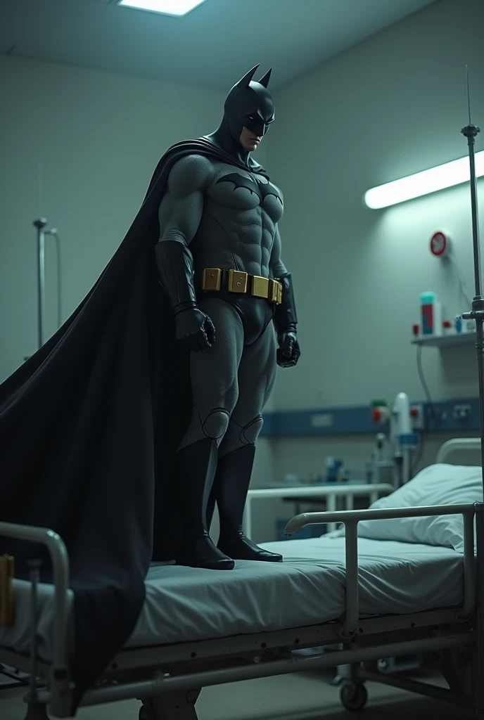 create batman standing on the corner of a hospital bed looking with dark filter