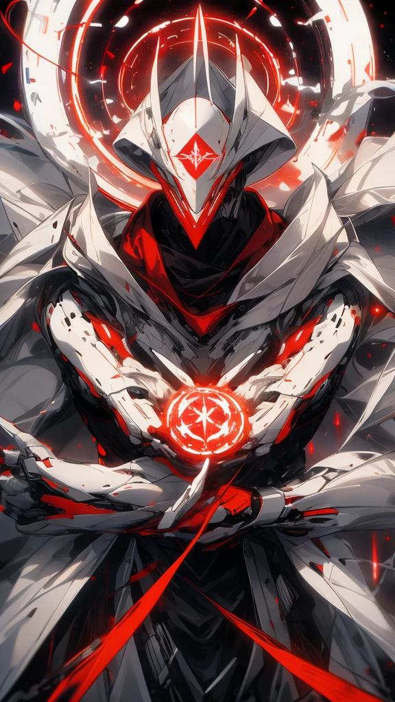 1 person、Wearing a white, all-encompassing robe、Sci-fi style costumes、White hood、White Mask、Red light、Red triangle effect、Floating in the air、With arms outstretched、White giant disc background、A distant view、Triangular units floating around