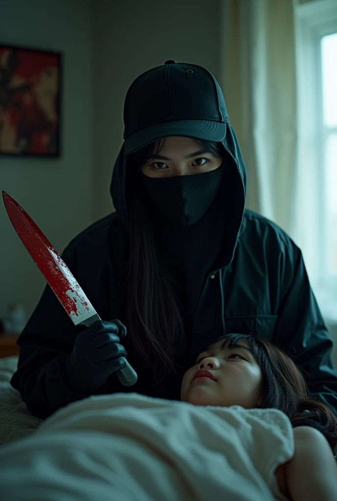 korean girl, (behind stiff, holding knife), stabbing, black balaclava mask, black gloves, girl's room, black raincoat, trucker hat, bloody knife, black gloves, woman on top, behind cadaver, blood splatter, on the bed, looking at viewer, mass murderer, killer, blood splatter, dark atmosphere, cinematic lighting, atmospheric realistic, light from the window, close-up,