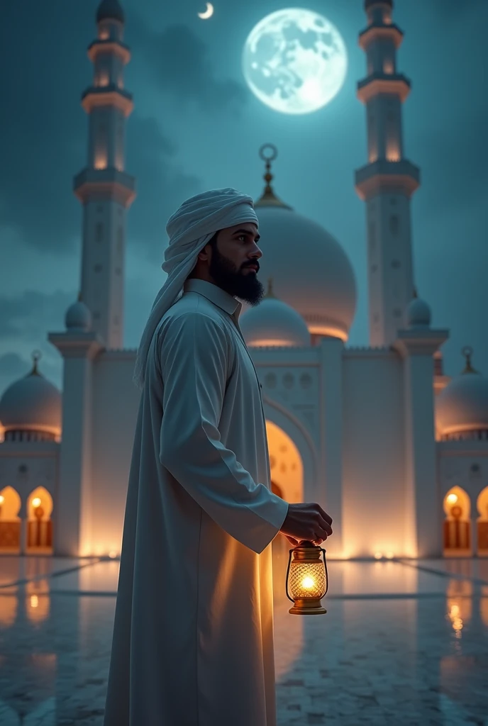 A Muslim man wearing a white cap and a white jubba standing in front of a mosque The mosque looks very beautiful but the moon is shining on the old mosque Illuminated by the glowworm around The man's beard is a fist Age about 25 26 Tadbi in right hand Lantern light in left hand