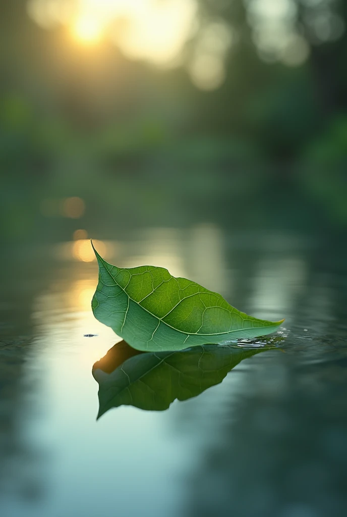 A single, vibrant green leaf floats gently on a still pond, surrounded by a vast expanse of clear water. The leaf, perfectly shaped with intricate veins, catches the soft glow of a distant sunset, reflecting hints of gold and orange on its surface. The water is so calm that it mirrors the leaf flawlessly, creating an almost symmetrical reflection. The background fades into a gentle blur, with the soft hues of the setting sun barely visible. The image captures a moment of tranquility, suggesting themes of solitude, peace, and the delicate balance of nature."
