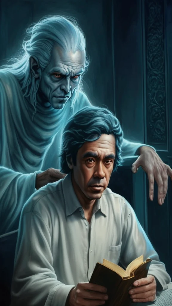 a painting of a man sitting in front of a book with a ghost behind him, ross tran and michael whelan, jeff easley and ross tran, kerem beyit, gustave dore and junji ito, horror fantasy art, fantasy horror art, portrait of bedouin d&d, salems revenge