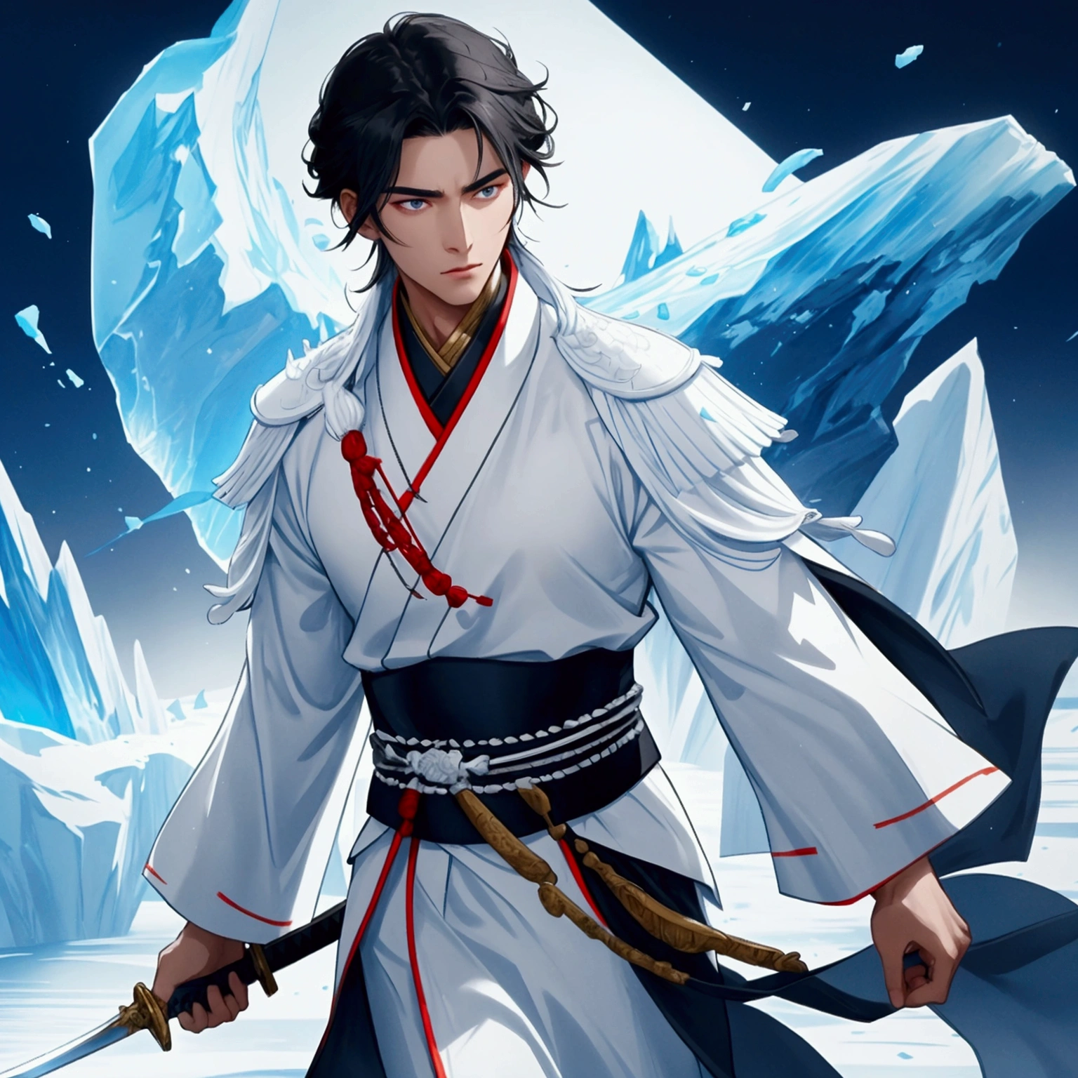 Handsome black-haired male general holding a large sword in white ancient Chinese general costume, walking In the middle of a blue iceberg , close up.