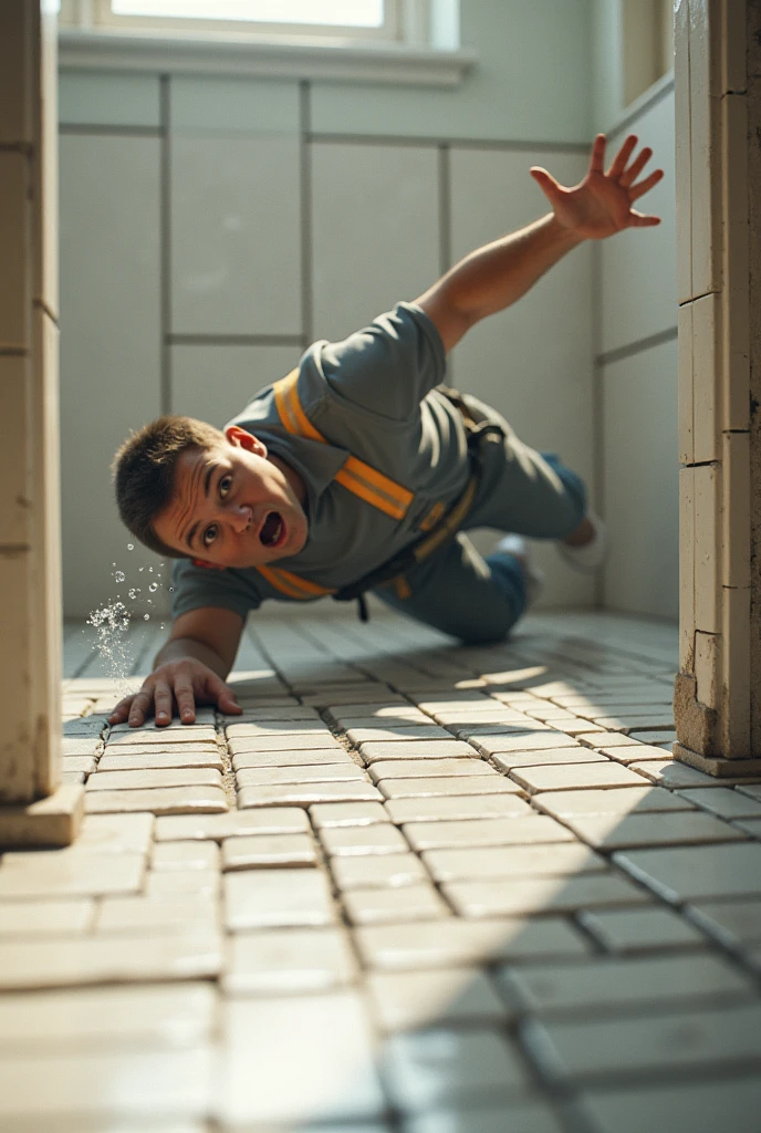 falls due to a tiler slipping on tiles around him