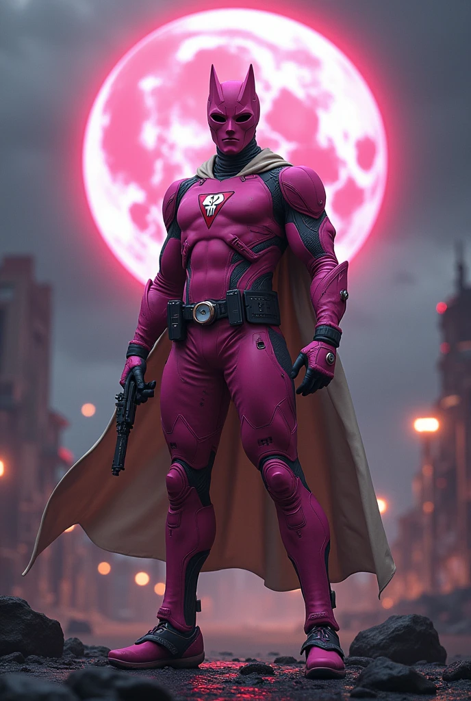 high-tech suit, vivid effects, malaysian superhero (KELUANG MAN) in a striking pink and beige costume cyberpunk design, mask small mini bat ear beige, daredevil biage mask, jumpsuit dark pink stands confidently in a dramatic, stormy landscape. ((Head covered node guard like batman , athletic body type, small mini ear bat mask))The character wears domino mask a helmet with pointed mini torn ears and a flowing cape biege, open nose and mouth. Equipped with visible futuristic weapons on a belt,bullet proof jacket pink dark day, dark night, big supermoon effect .logo on chest triangle shape small punisher logo center triangle cyber logo center on chest pink logo mini logo . rocky. Building top. , adding to --ar 3:4 --style raw --stylize 500 --v 6.1