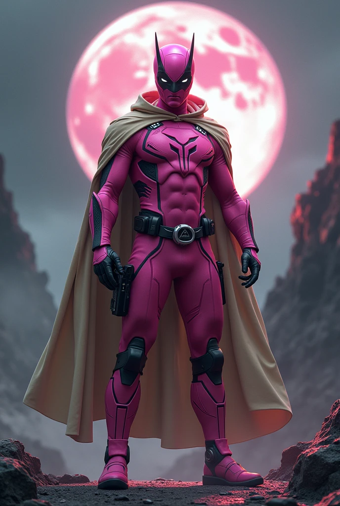 high-tech suit, vivid effects, malaysian superhero (KELUANG MAN) in a striking pink and beige costume cyberpunk design, mask small mini bat ear beige, daredevil biage mask, jumpsuit dark pink stands confidently in a dramatic, stormy landscape. ((Head covered node guard like batman , athletic body type, small mini ear bat mask))The character wears domino mask a helmet with pointed mini torn ears and a flowing cape biege, open nose and mouth. Equipped with visible futuristic weapons on a belt,bullet proof jacket pink dark day, dark night, big supermoon effect .logo on chest triangle shape small punisher logo center triangle cyber logo center on chest pink logo mini logo . rocky. Building top. , adding to --ar 3:4 --style raw --stylize 500 --v 6.1