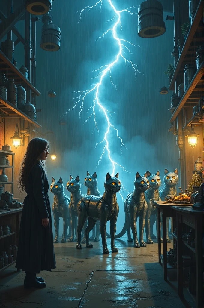 One stormy night, a power surge caused a malfunction in Dr. Wren's workshop. The mechanical cats, now infused with a strange kind of energy, began to move on their own. Dr. Wren, alarmed by the chaos, could only watch as her creations assembled themselves into an orderly formation.