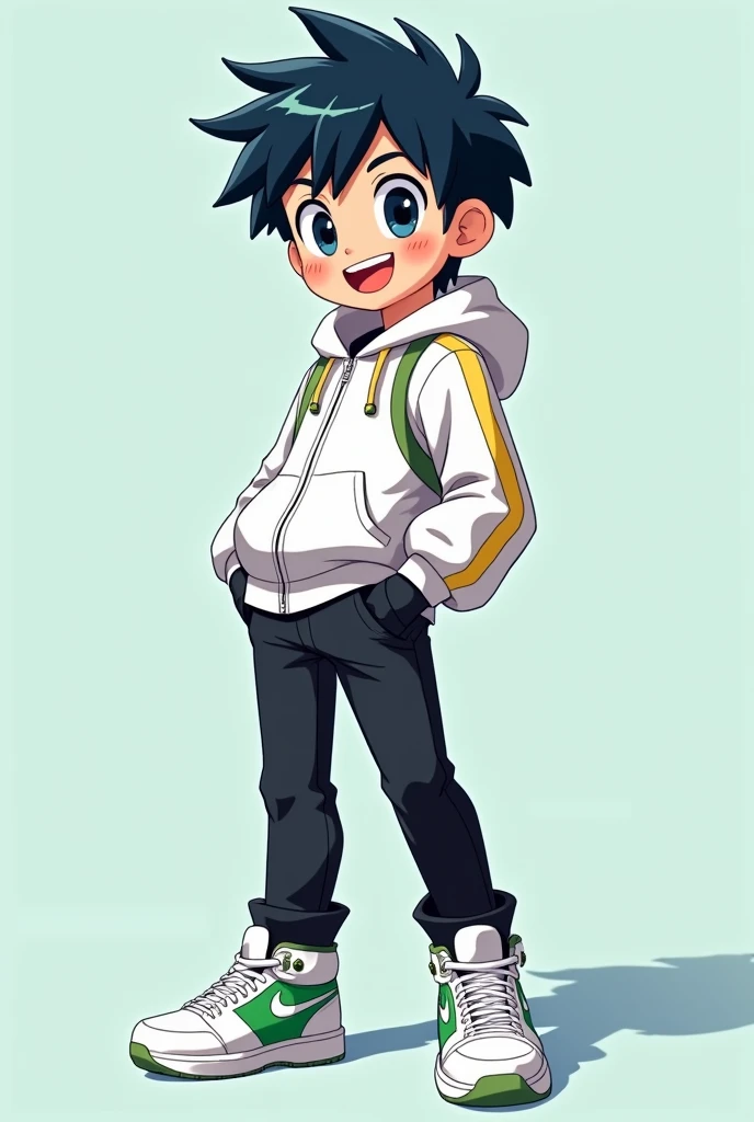 A male teenage character with short, black hair that is slightly spiky with a large fringe between his eyes., navy blue eyes, happy, Jaketa White jacket, black pants, white sneakers with green, and with black gloves.