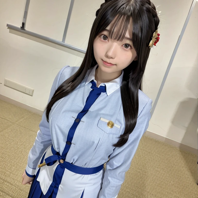 One person, Long Hair, High resolution, masterpiece, Accurate, Anatomically correct, 最High quality, detailed, High detailed, High resolutionモデル, High quality, quality, smile、One person, blush, School、classroom、uniform、high school girl、Japan、Long Hair, Large Breasts, Wide-angle shot, Headpiece, far and near method