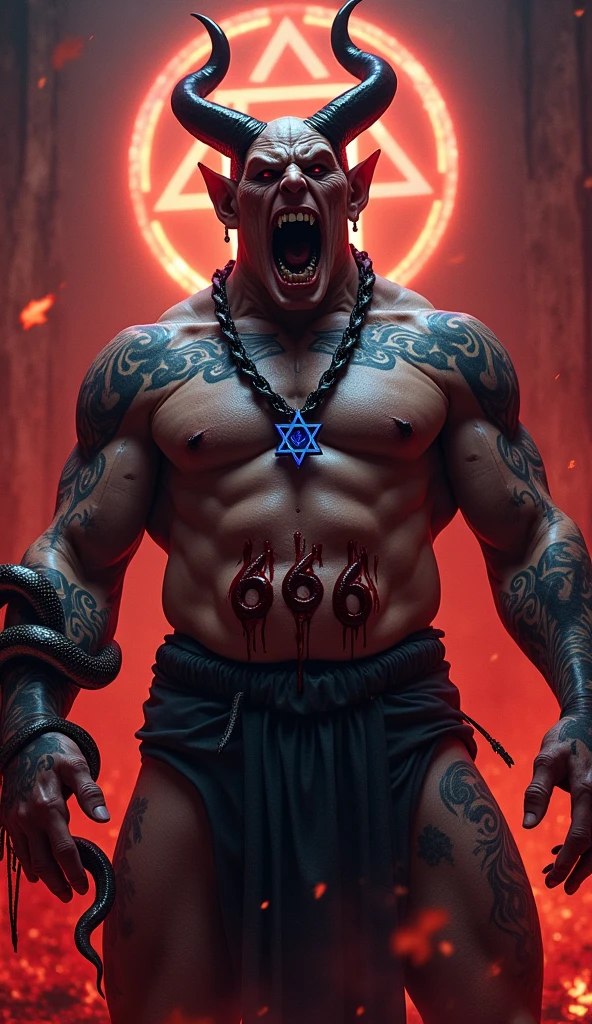 a devil
  In hell with red fire and evil sign background
  With a big and thick blue Star of David necklace
  With many evil tattoos on arms and legs
  The number 666 is written in blood on his stomach
  with horns
  Evil open mouth laugh with head up and eyes closed
 With bloody hands wrapped in one hand of a snake