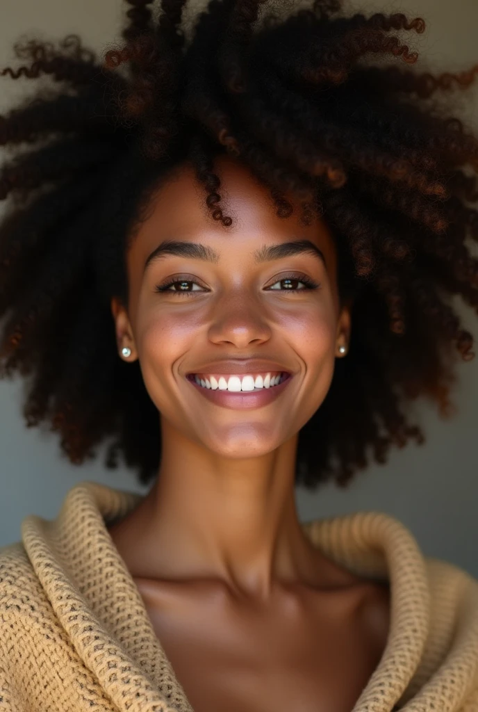 beautiful lady, light freckles, dark makeup, fair, big smile, hyper detailed photography, soft light, full head and shoulders portrait, blanket, curly afro hair