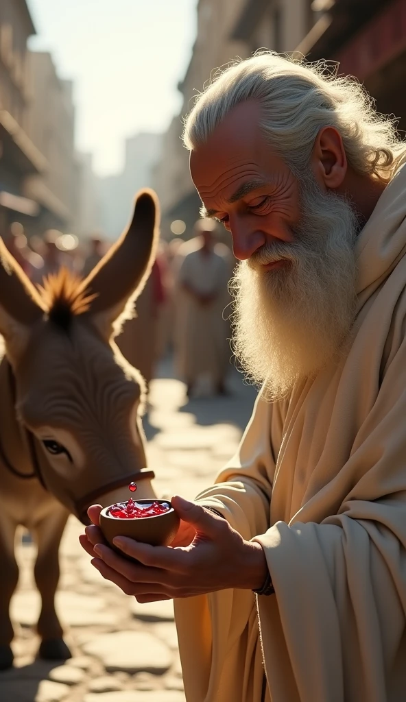 Close-up shot, Low angle shot, (Chrysippus “A wise, elderly man with a long, flowing white beard, full white hair on his head and piercing eyes, dressed in a simple but elegant white toga”, with a mischievous grin, carefully pours red wine into a small clay cup, preparing to give it to the donkey. His eyes twinkle with humor, and his posture is relaxed yet deliberate. The background shows the market fading into the distance, with other donkeys tied to posts and people continuing their business, unaware of the philosopher’s playful experiment. The sunlight casts a golden glow on the scene, highlighting the rich color of the wine.) unreal engine, cinematic, hyper-real, highly detailed, Ultra realistic HD --q 2 --v 6.1 --ar 9:16  