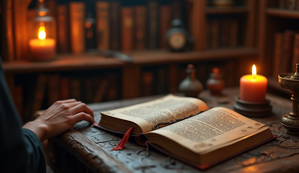 There is a candle and a book on the table,And a candle, Alchemist's Library Background, Magic Library, Exquisitely detailed miniature model, ancient library, Detailed scenery —width 672, High Detail photo, Small Library, Fantasy Alchemist's Laboratory, High Detail), gothic library, Ultra-detailed pictures, The wizard's apothecary, Gothic Epic Library, Magician's Chamber