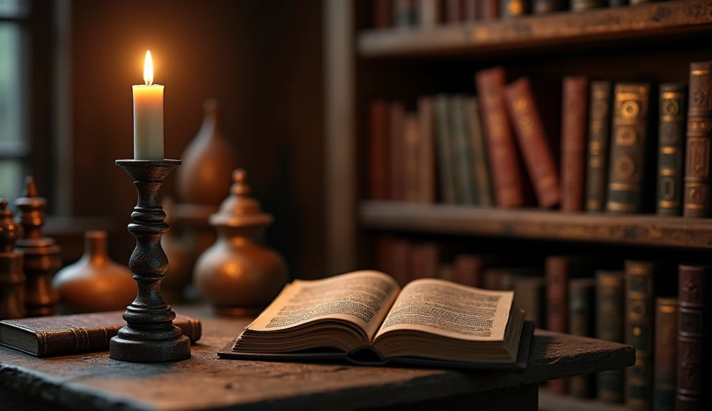 There is a candle and a book on the table，And a candle, Alchemist&#39;s Library Background, Magic Library, Exquisitely detailed miniature model, ancient library, Detailed scenery —width 672, High Detail photo, Small Library, Fantasy Alchemist&#39;s Laboratory, High Detail), gothic library, Ultra-detailed pictures, The wizard's apothecary, Gothic Epic Library, Magician&#39;s Chamber