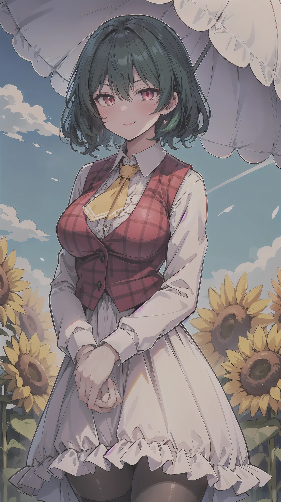 ((super high quality,Ultra-high resolution,16K,super masterpiece,Ultra HD ,Detailed shading,))One Woman,Wavy, shiny, bright emerald short hair,White dress shirt,Long sleeve,Yellow ruffled tie,(Unbuttoned red checked vest,Checkered red very long skirt,)Black tights,Ruby glowing eyes,Vertical pupil,Very aggressive look,Sharp Eyes,Smiling lips,blush,((She is holding a large frilly pink parasol in one hand.,))a blue sky with clouds and sun,Sunflower field,