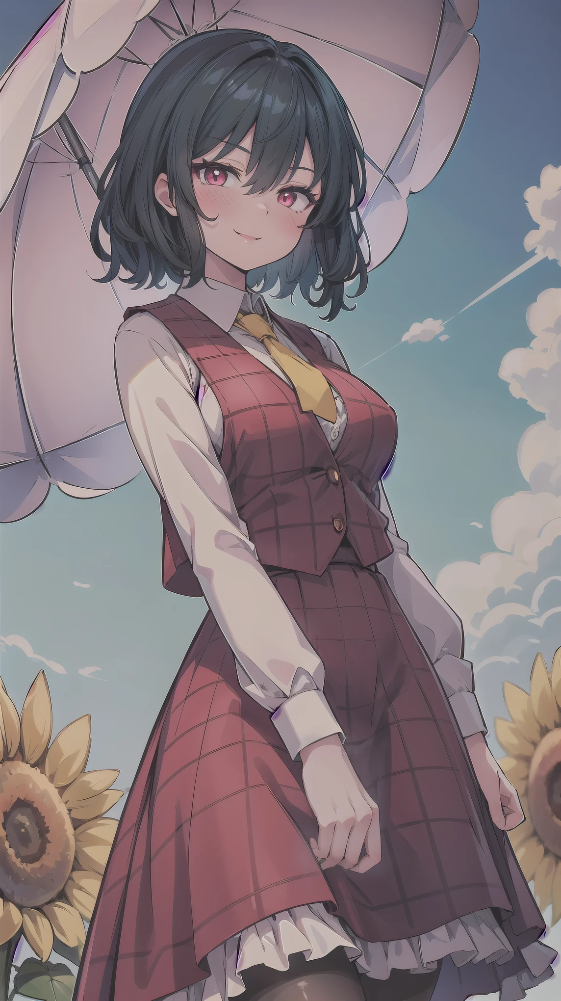 ((super high quality,Ultra-high resolution,16K,super masterpiece,Ultra HD ,Detailed shading,))One Woman,Wavy, shiny, bright emerald short hair,White dress shirt,Long sleeve,Yellow ruffled tie,(Unbuttoned red checked vest,Checkered red very long skirt,)Black tights,Ruby glowing eyes,Vertical pupil,Very aggressive look,Sharp Eyes,Smiling lips,blush,((She is holding a large frilly pink parasol in one hand.,))a blue sky with clouds and sun,Sunflower field,