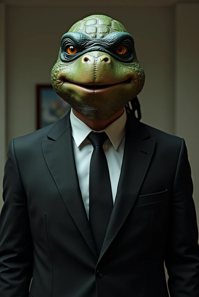 A person in a suit with a turtle mask from GTA