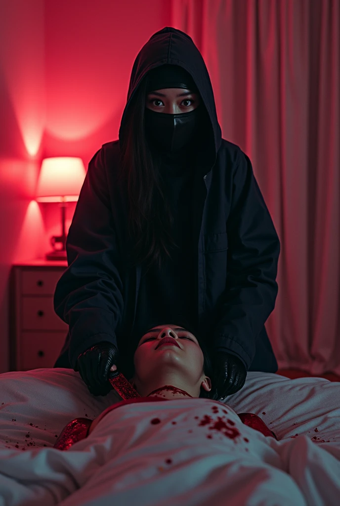 korean girl, (behind stiff, holding knife), stabbing, leather balaclava mask, black gloves, black raincoat, bloody knife, black gloves, woman on top, behind cadaver, blood splatter, on the bed, looking at viewer, mass murderer, killer, blood splatter, dark atmosphere, cinematic lighting, atmospheric realistic, [pink room:0.5]
