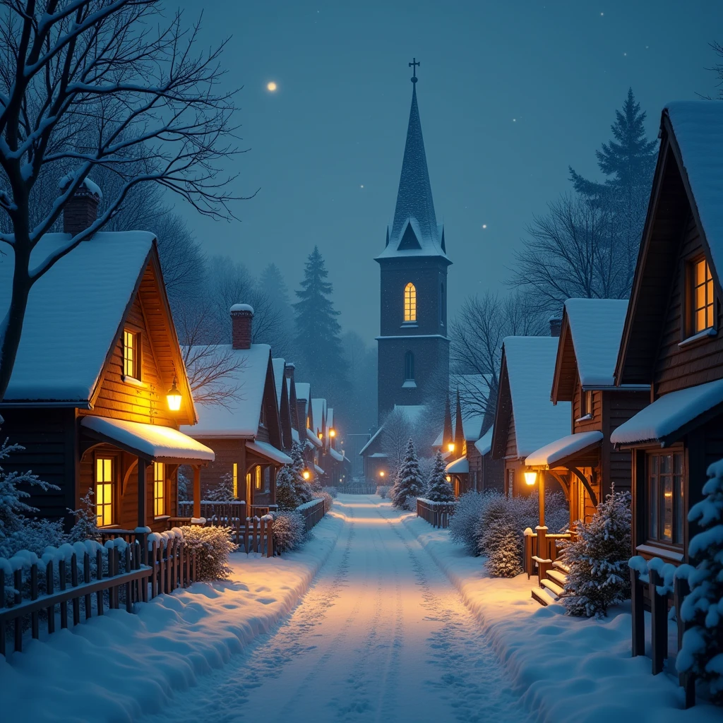 (Snow Scenery), The scene of a small town at nightfall, with warm yellow lanterns hanging on both sides of the streets, the lights reflecting the dancing snowflakes, forming a dreamlike world of light and shadow. Every household's windows emit warm lights, bringing warmth to the cold nights. The spire of the distant church is covered with a thin layer of snow, appearing particularly solemn and mysterious. Beautiful cinematic lighting, surreal, color graded, dynamic movement, captivating chiaroscuro, full body, award-winning, cinematic still, emotional, vignette, dynamic, vivid, (masterpiece, best quality, photorealistic, Professional, perfect composition, very aesthetic, absurdres, ultra-detailed, intricate details:1.3)