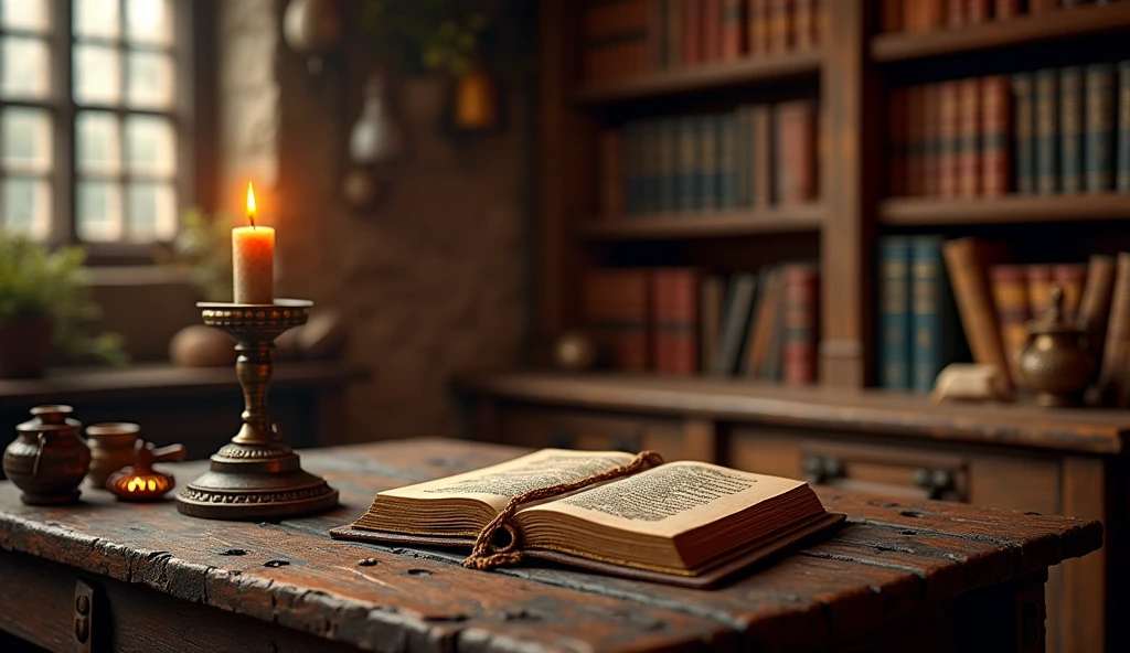 There is a candle and a book on the table,And a candle, Alchemist's Library Background, Magic Library, Exquisitely detailed miniature model, ancient library, Detailed scenery —width 672, High Detail photo, Small Library, Fantasy Alchemist's Laboratory, High Detail), gothic library, Ultra-detailed pictures, The wizard's apothecary, Gothic Epic Library, Magician's Chamber