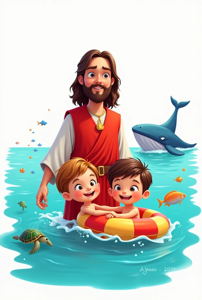 Make the cartoon art I want Jesus dressed as a lifeguard in the sea, with 2 children on a float.
Place turtles, fish and whale I want a white background Leave a space for a phrase