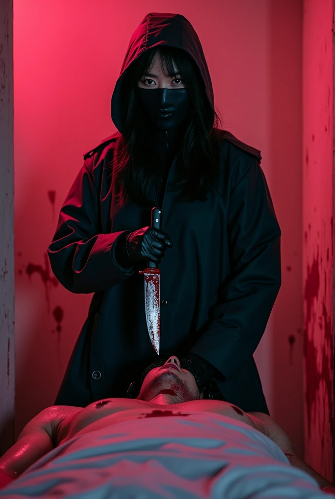 korean girl, (behind corpse, surgical mask), holding knife, stabbing, black gloves, room full of blood, black trench coat, bucket hat, holding knife, black gloves, behind corpse, blood splatter, very long hair, night, mass murderer, robbery, in the hotel, dark atmosphere, cinematic lighting, atmospheric realistic, light from the window