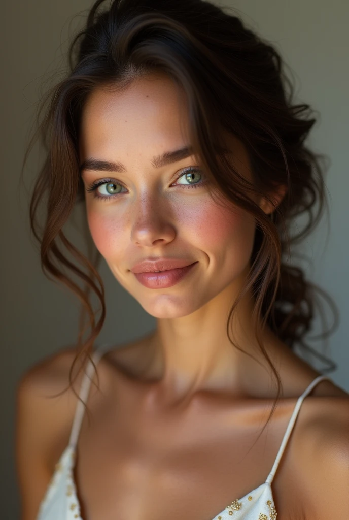 jeune fille de 20 ans, brune, smooth hair, refined visage, blue eyes, ukrienne/French. less curly hair, really smooth and without jewelry, tanned skin, a little more realistic, with a smile, rajoute des taches de rouseur, la photo ne doit pas être un portrait, in 3/4 face