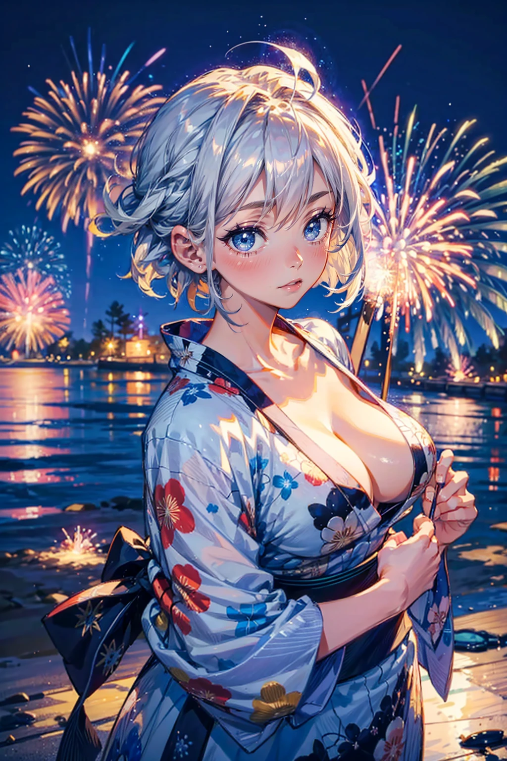 1girl,solo,cute,silver short hair,blue eyes,yukata,big breast,cleavage,fireworks,at night