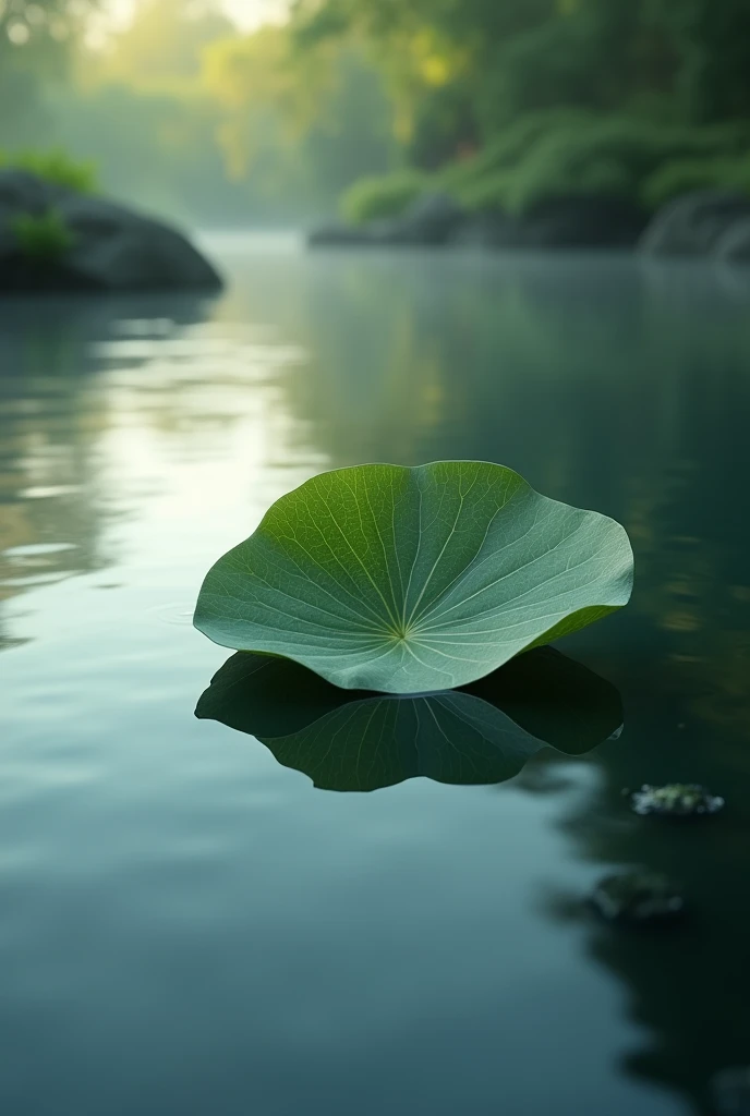 This image, while simple, conveys the themes of peace, solitude, and the natural world's delicate balance through the focused detail of a single leaf on calm water.