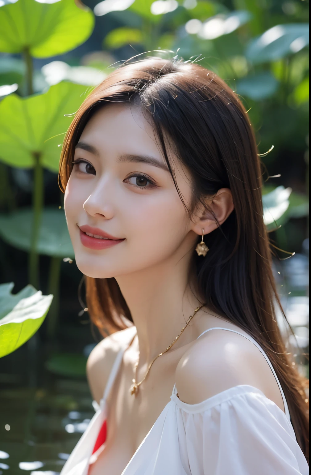 Portrait of lovely woman in bright windy field, Lotus leaf background，watercourse, Chicken lotus root stalk，lotus Leaf，lotus，(Backlight),detail， Practical,Upper Body，best quality, detail，Serious, In the shadows, bloom, [[Chromatic Aberration]，Natural skin texture，Red，Wearing lilies on the head，Tie your hair up，Clive Archie，Medium breasts，Areola，Upturned nipples，earrings，necklace，Smile，transparent，Transparent red sports T-shirt，The shoulder strap is broken