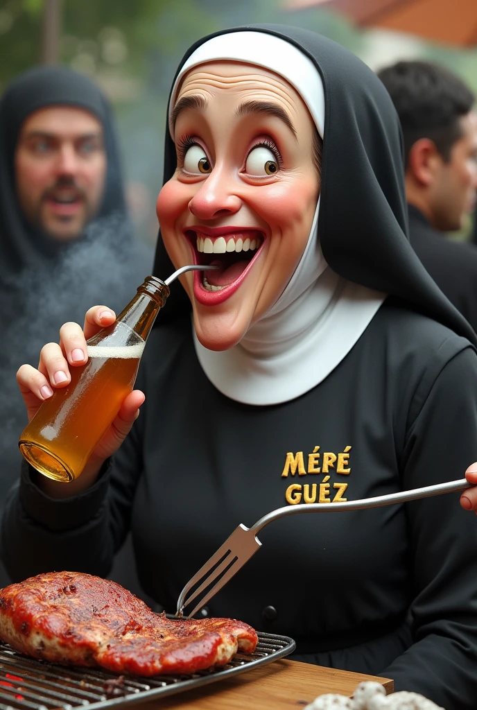 caricature humoristique d'une nonne qui boit des bieres en noir, qui fait un barbecue. Elle pique les fesses d'un moine avec son pique à viande.
Son nom est cousu sur son uniforme. ECRIRE : " Mère Guez" sur son uniforme. Photo ultra realiste.