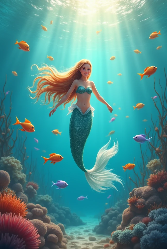 Mermaid and fish are very happy in the sea with them friends with love