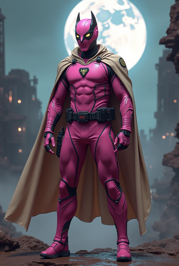 high-tech suit, vivid effects, malaysian superhero (KELUANG MAN) in a striking pink and beige costume cyberpunk design, mask small mini bat ear beige, daredevil biage mask, jumpsuit dark pink stands confidently in a dramatic, stormy landscape. ((Head covered node guard like batman , athletic body type, small mini ear bat mask))The character wears domino mask a helmet with pointed mini torn ears and a flowing cape biege, open nose and mouth. Equipped with visible futuristic weapons on a belt,bullet proof jacket pink dark day, dark night, big supermoon effect .logo on chest triangle shape small punisher logo center triangle cyber logo center on chest pink logo mini logo . rocky. Building top. , adding to --ar 3:4 --style raw --stylize 500 --v 6.1