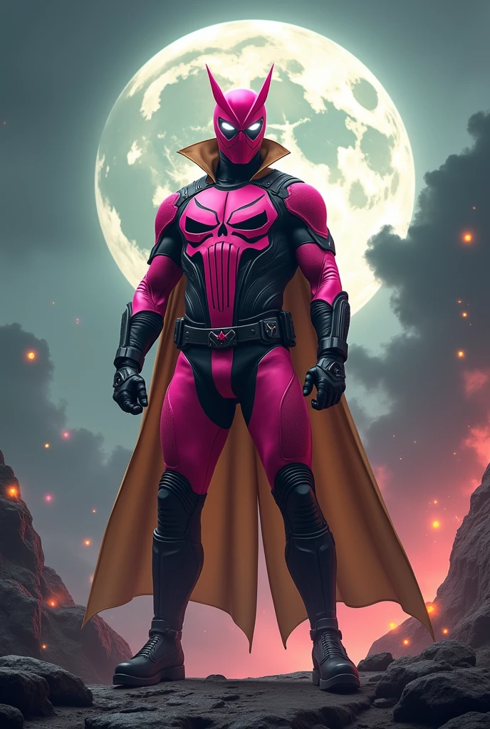 high-tech suit, vivid effects, malaysian superhero (KELUANG MAN) in a striking pink and beige costume cyberpunk design, mask small mini bat ear beige, daredevil biage mask, jumpsuit dark pink stands confidently in a dramatic, stormy landscape. ((Head covered node guard like batman , athletic body type, small mini ear bat mask))The character wears domino mask a helmet with pointed mini torn ears and a flowing cape biege, open nose and mouth. Equipped with visible futuristic weapons on a belt,bullet proof jacket pink dark day, dark night, big supermoon effect .logo on chest triangle shape small punisher logo center triangle cyber logo center on chest pink logo mini logo . rocky. Building top. , adding to --ar 3:4 --style raw --stylize 500 --v 6.1