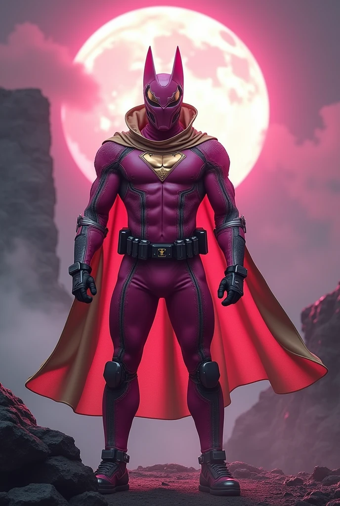 high-tech suit, vivid effects, malaysian superhero (KELUANG MAN) in a striking pink and beige costume cyberpunk design, mask small mini bat ear beige, daredevil biage mask, jumpsuit dark pink stands confidently in a dramatic, stormy landscape. ((Head covered node guard like batman , athletic body type, small mini ear bat mask))The character wears domino mask a helmet with pointed mini torn ears and a flowing cape biege, open nose and mouth. Equipped with visible futuristic weapons on a belt,bullet proof jacket pink dark day, dark night, big supermoon effect .logo on chest triangle shape small punisher logo center triangle cyber logo center on chest pink logo mini logo , beige boots. rocky. Building top. , adding to --ar 3:4 --style raw --stylize 500 --v 6.1