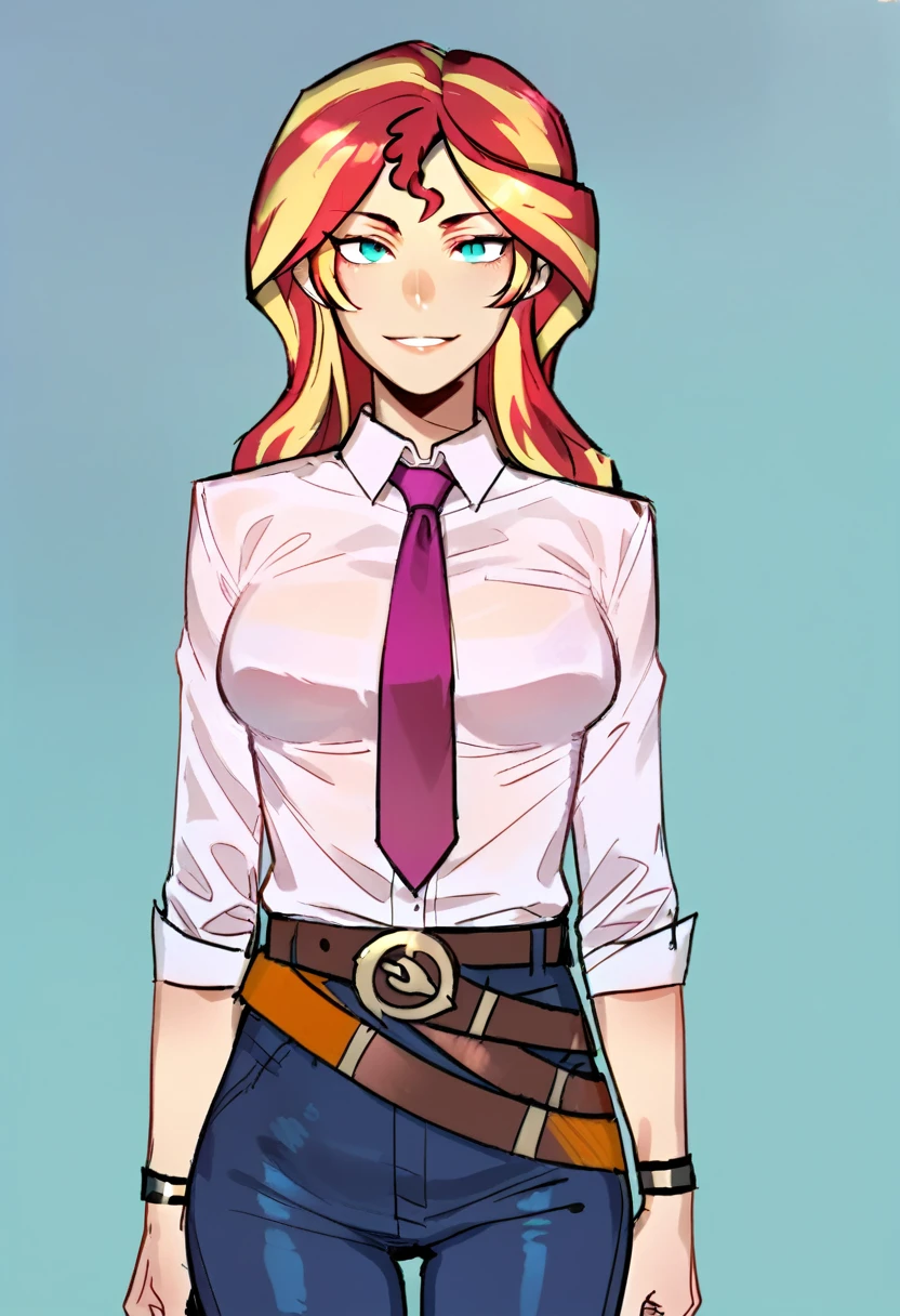 score_9, score_8_up, score_7_up BREAK sunset shimmer, human, g4, belt, clothes, humanized, looking at you, necktie, shirt