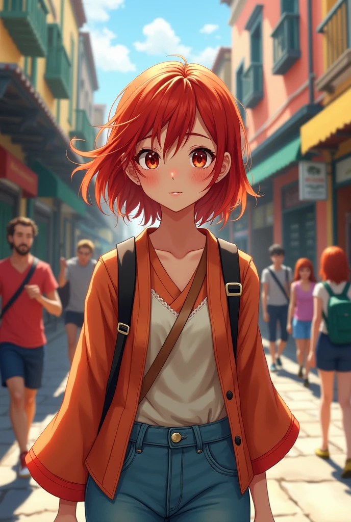 A young red-haired woman from Japan, on the streets of Argentina 