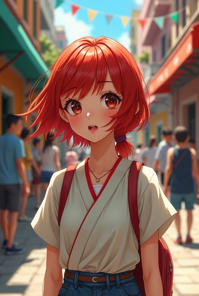 A young red-haired woman from Japan, on the streets of Argentina