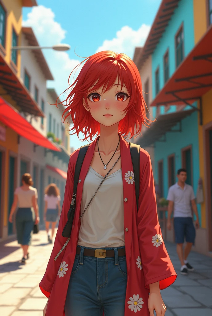 A young red-haired woman from Japan, on the streets of Argentina