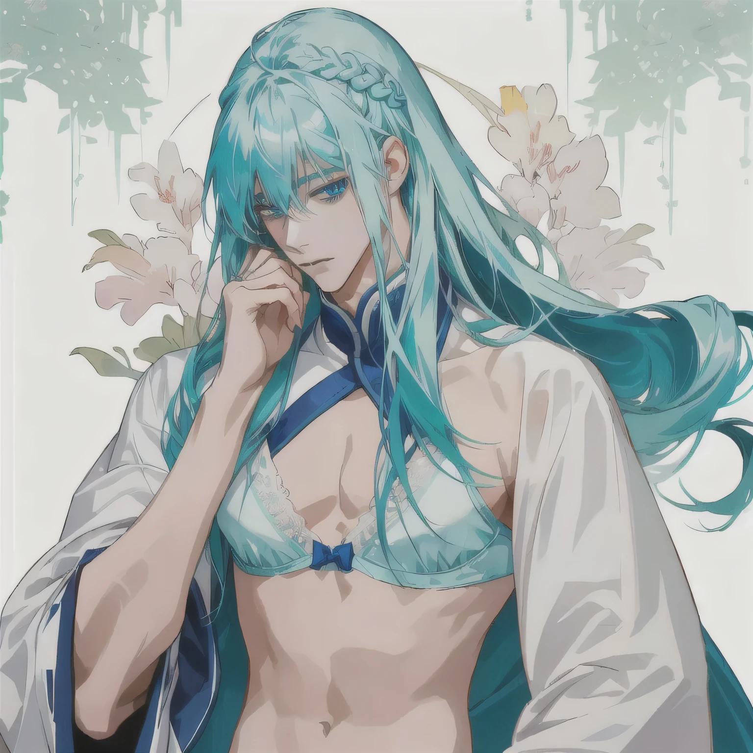 masterpiece、Highest quality、High resolution、1boy、アニメ in a bra and panty posing for a picture、Man with long green hair、Blue Eyed Man、Braid、Half Up Hair、solo、clothing:White bra、アニメ男性 with teal hair、bra with an white、panty with an white、アニメ Moe Art Style、lingerie with an white、solo、seductive アニメ男性、美しい魅力的なアニメティーン、pretty アニメ男性、Hymn to the King as a Prince、(アニメ)、Cel-shaded anime、whole body、Are standing、アニメ男性 with long hair、Male focus、
