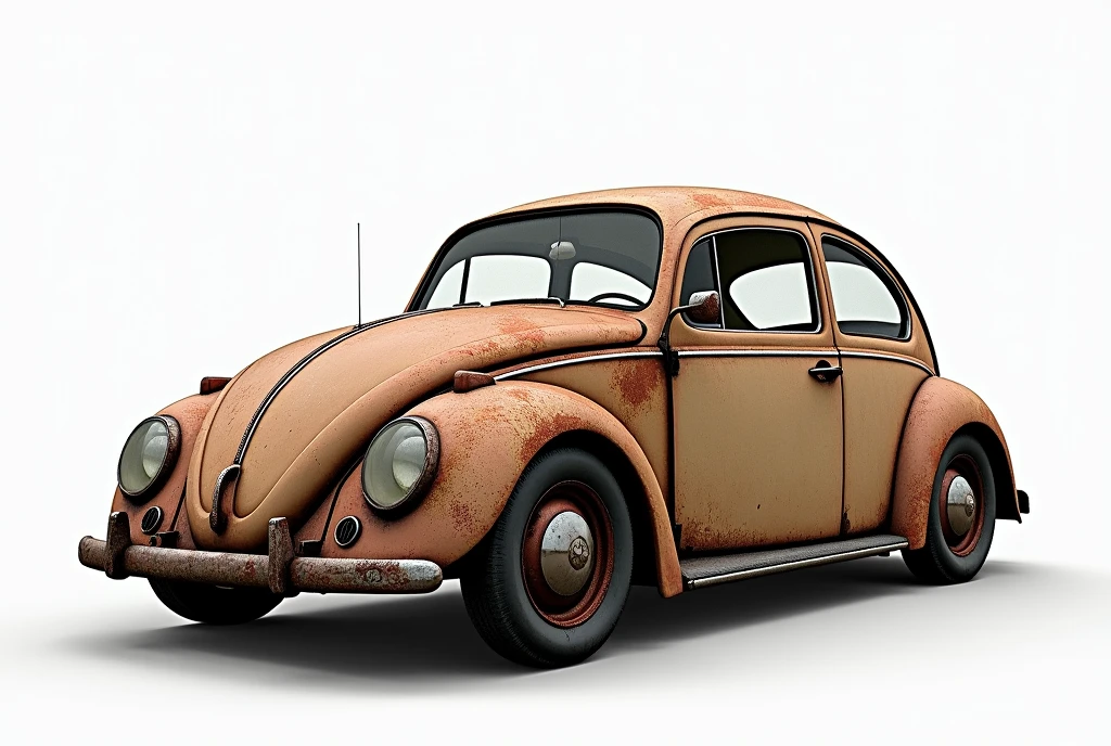 Create an old, rusty VW Beetle. The car should have a worn and aged appearance, with visible rust patches and corroded metal. The scene is set against a completely white background with no shadows. The Beetle should be fully rendered with sharp, high-quality details, emphasizing the texture of the rust and the aged surface. Ensure that the entire car is within the frame, with no parts cut off or outside the edges of the image, UHD, masterpiece, textured surface, super detailed, high quality, 8k.