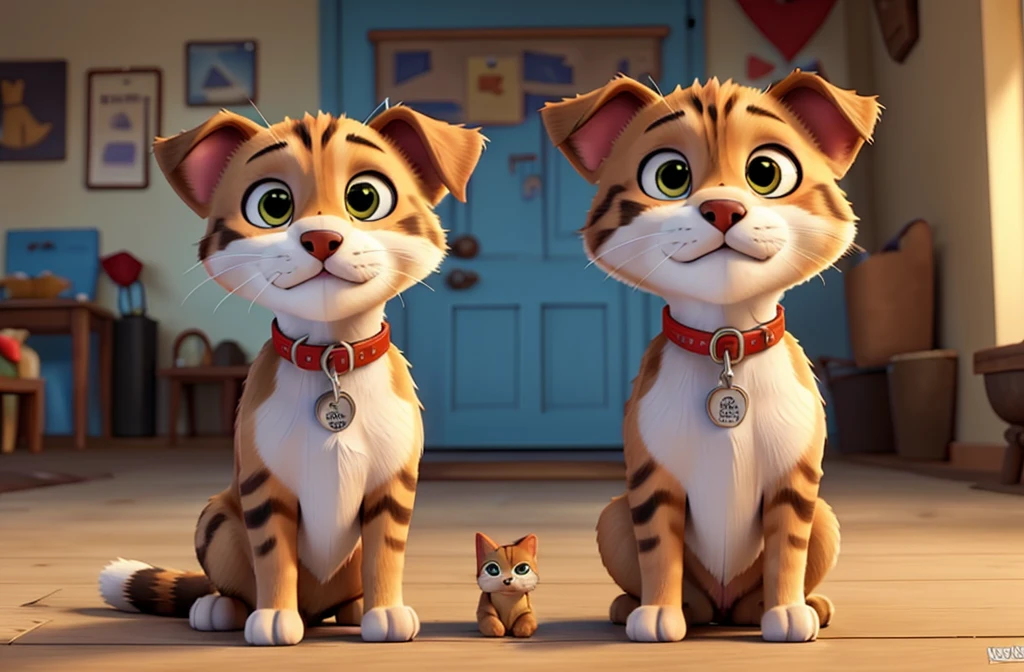 a dog and a cat with microchip, disney pixar style, best qualityer