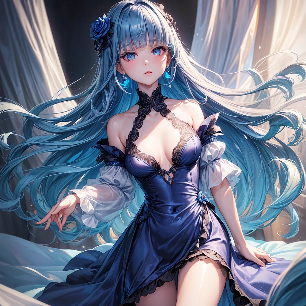 ((Highest quality)),(Ultra-high resolution),Dark blue rose cocktail dress,Highly detailed CG Unity 8k wallpaper, Cool, lots of Earrings, Earrings, Blue hair, Curly Hair, Blunt bangs, Straight bangs, Blue eyes, White skin, Gal, Improve、Flat Chest、Reduce exposure