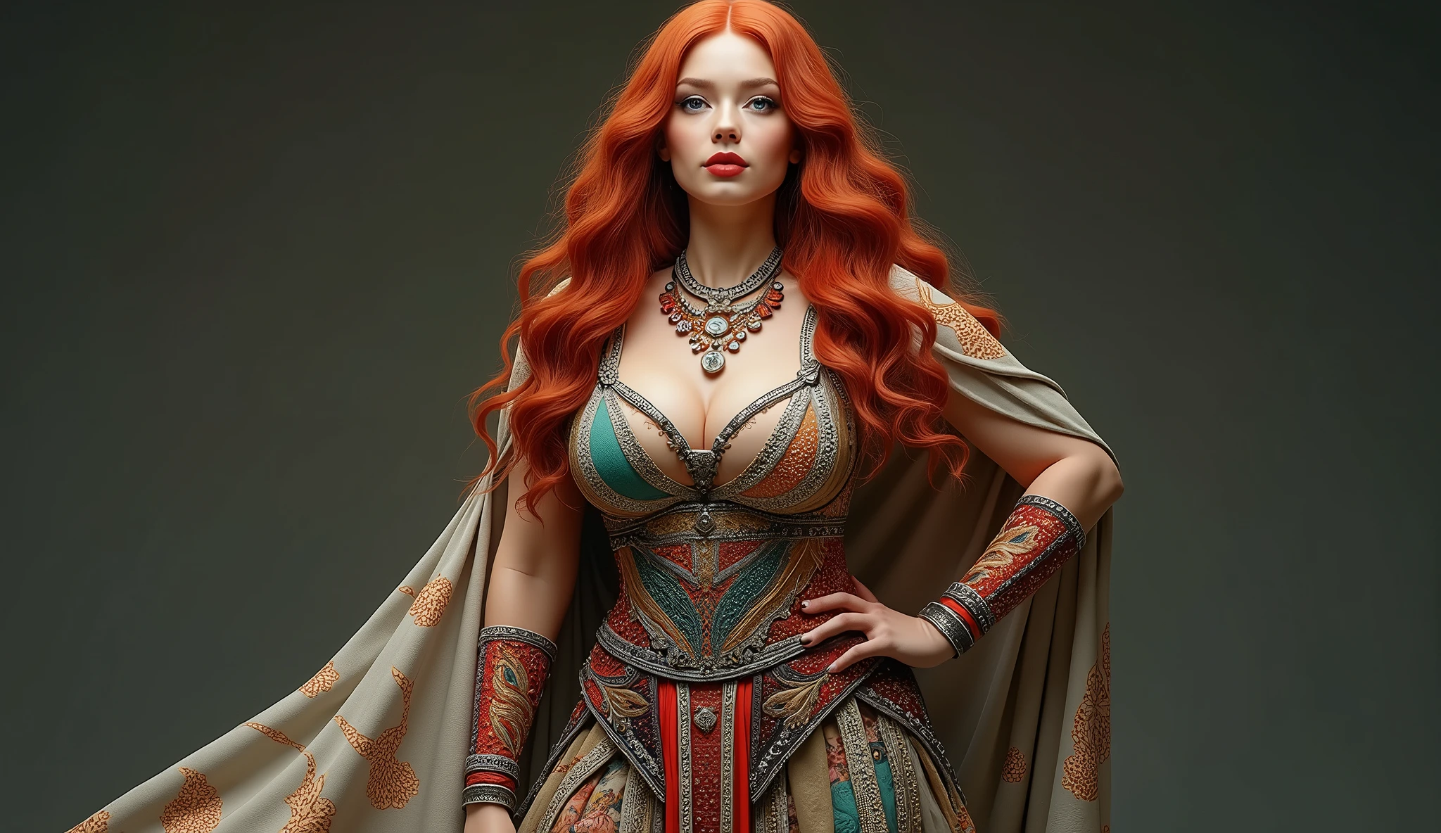(full body with legs) ,Arafed, a 2 Caucasian woman, extra big long reddish hair with curls, light blue eyes, wearing a colorful dress and a standing shawl, dressed in an elegant tribal suit, tribal clothing, sukhothai suit, tribal style, lam manh style, traditional beauty, mix between tribal and high technology, inspired by Dai Xi, inspired by Gao Kegong, inspired by Jin Nong, traditional clothing, complex costume, traditional clothing, large breasts, contoured waist, buttocks: 1.4, thick thighs, full hd, 16k