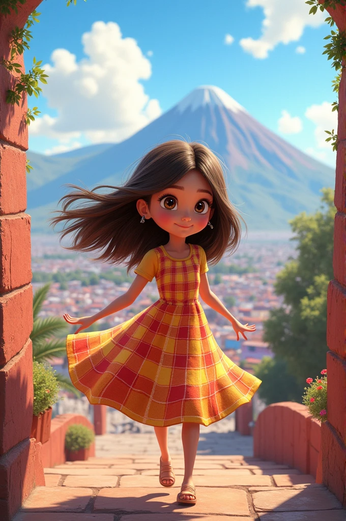 Long haired girl ,Brown eyes and a checkered dress, she will be , walking at the Yanahuara viewpoint in Arequipa, in disney pixar drawing