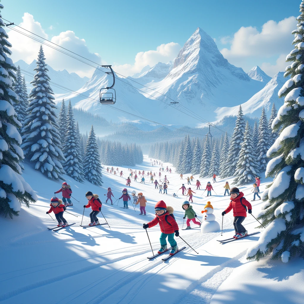 (Snow Scenery), A vibrant scene depicts the lively atmosphere of a ski resort. A group of skiers galloped down from the mountaintop, drawing graceful curves on the snow. Children play and frolic in the snow, making snowmen and having snowball fights. In the background, the silhouette of the snow capped mountains can be seen, as well as the slowly moving figure of the ski lift. The whole scene is filled with laughter, joy, and a vibrant atmosphere. Beautiful cinematic lighting, surreal, color graded, dynamic movement, captivating chiaroscuro, full body, award-winning, cinematic still, emotional, vignette, dynamic, vivid, (masterpiece, best quality, photorealistic, Professional, perfect composition, very aesthetic, absurdres, ultra-detailed, intricate details:1.3)