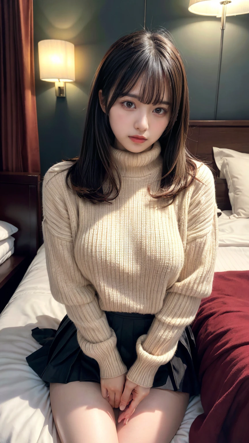 masterpiece, best quality, illustration, Super detailed, fine details, High resolution, 8K,wall paper, perfect dynamic composition,(Details High quality, realistic depiction of eyes:1.3), Oversized turtleneck light beige sweater, pleated skirt, straight hair, large breasts, black hair color, Big Natural Color Lip, (perfect body shape), crying a little、cold gaze, Harajuku style、20 year old girl、cute type、lolita、beautiful legs, hotel room, Gravure Idol, Voluptuous thighs