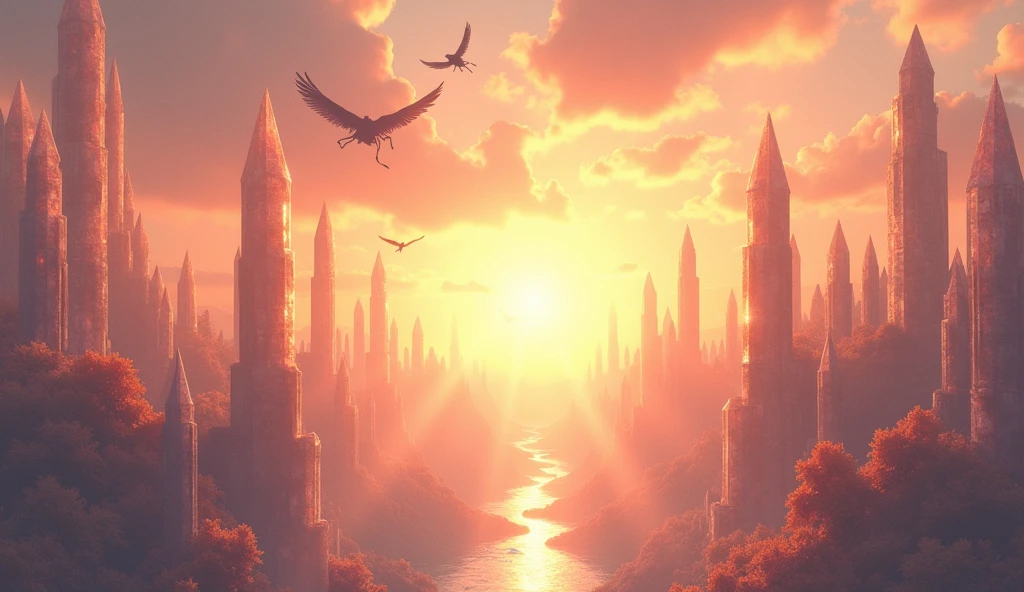 Heavenly Sunrise Over an Angelic City, city ​​of angels made of amazing crystals of incredibly beautiful glow, A breathtaking city of angels at dawn, with golden sunlight streaming through towering, ethereal spires made of translucent crystal, bioluminescent flora, The soft, warm light illuminates the peaceful city, where gentle rivers of light flow between buildings, and the sky is painted with shades of pink, orange, and gold, with a few angels hovering gracefully in the air, Dynamic pose, Strong contrast, Good depth of field, 8K wallpaper, Masterpiece, Aesthetic illustration in realistic style, best quality, natural light, high res, highly detailed, All the colors and materials in this work are very harmoniously combined