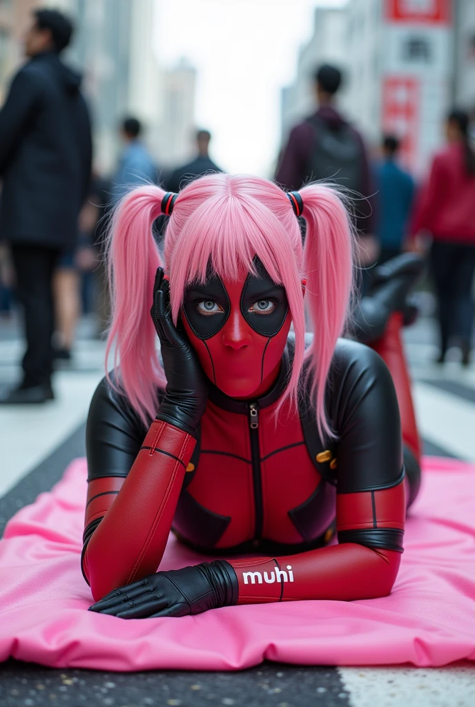 ((Highest quality)), ((masterpiece)), (photograph), (Japanese women), (Deadpool costume and makeup:1.5), (White letters on the chest「mu-mi」it is written like this:2), Deadpool woman with pink hair and twin tails、Lying on a pink bath mat at Tokyo's Scramble Crossing、Surrounded by passers-by。